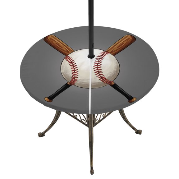 Round Outdoor Tablecloth with Umbrella Hole and Zipper, Gray Baseball Tablecloth with Elastic Waterproof, Modern Sport Games Watercolor Patio Table Covers for 36" - 44" Picnic Pool Tables