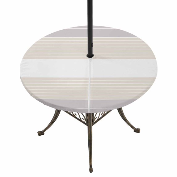 Round Outdoor Tablecloth with Umbrella Hole and Zipper, Gray Beige Stripe Tablecloth with Elastic Waterproof, Modern Art Horizontal Striped Patio Table Covers for 31" - 35" Picnic Pool Tables