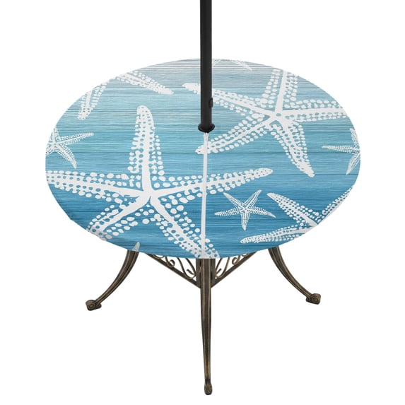 Round Outdoor Tablecloth with Umbrella Hole and Zipper, Gray Blue Starfish Tablecloth with Elastic Waterproof, Summer Coastal Nautical Ocean Classic Patio Table Covers for 45" - 54" Pool Tables