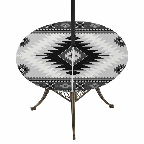 Round Outdoor Tablecloth with Umbrella Hole and Zipper, Gray Boho Tablecloth with Elastic Waterproof, Southwestern Ethnic Abstract Geometric Patio Table Covers for 31" - 35" Picnic Pool Tables