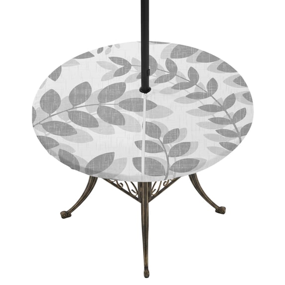 Round Outdoor Tablecloth with Umbrella Hole and Zipper, Gray Leaves Tablecloth with Elastic Waterproof, Summer Farmhouse Botanical Leaf Branch Patio Table Covers for 55" - 60" Picnic Pool Tables