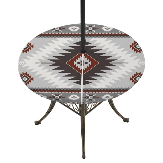 Round Outdoor Tablecloth with Umbrella Hole and Zipper, Gray Red Boho Tablecloth with Elastic Waterproof, Southwestern Ethnic Abstract Geometric Patio Table Covers for 36" - 44" Picnic Pool Tables