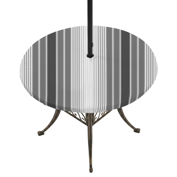 Round Outdoor Tablecloth with Umbrella Hole and Zipper, Gray Vertical Stripes Tablecloth with Elastic Waterproof, Retro Simple Neutral Abstract Lines Patio Table Covers for 36" - 44" Pool Tables