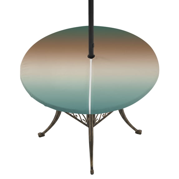 Round Outdoor Tablecloth with Umbrella Hole and Zipper, Green Brown Ombre Tablecloth with Elastic Waterproof, Modern Gradient Abstract Art Patio Table Covers for 31" - 35" Picnic Pool Tables