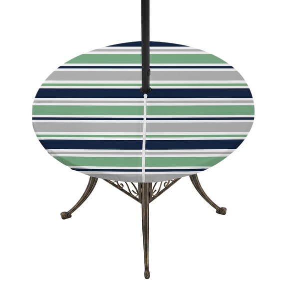 Round Outdoor Tablecloth with Umbrella Hole and Zipper, Green Grey Striped Tablecloth with Elastic Waterproof, Farmhouse Stripes Modern Abstract Art Patio Table Covers for 55" - 60" Pool Tables