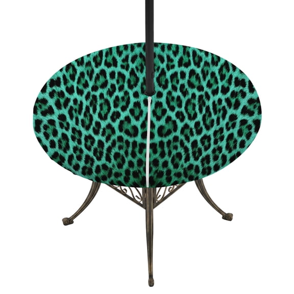 Round Outdoor Tablecloth with Umbrella Hole and Zipper, Green Leopard Print Tablecloth with Elastic Waterproof, Farmhouse Abstract Animal Patterned Patio Table Covers for 36" - 44" Pool Tables