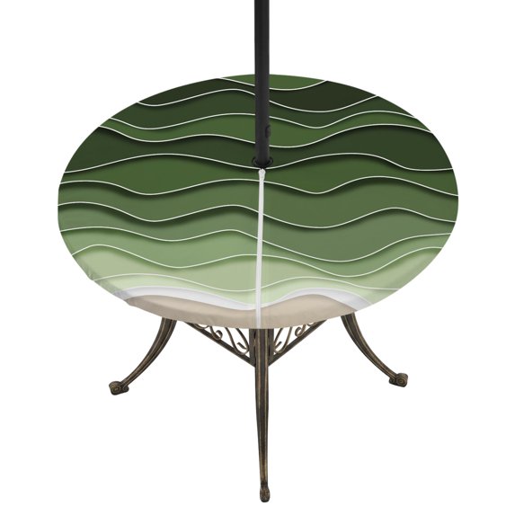 Round Outdoor Tablecloth with Umbrella Hole and Zipper, Green Ocean Waves Tablecloth with Elastic Waterproof, Chic Rustic Abstract Ombre Stripes Art Patio Table Covers for 45" - 54" Pool Tables