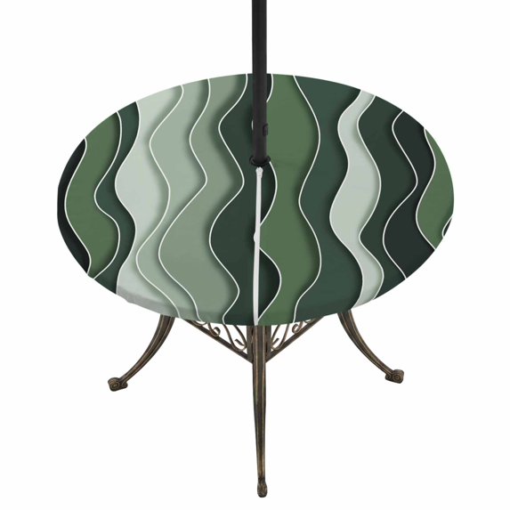 Round Outdoor Tablecloth with Umbrella Hole and Zipper, Green Ombre Tablecloth with Elastic Waterproof, Abstract Art Moire Ocean Waves Patio Table Covers for 55" - 60" Picnic Pool Tables
