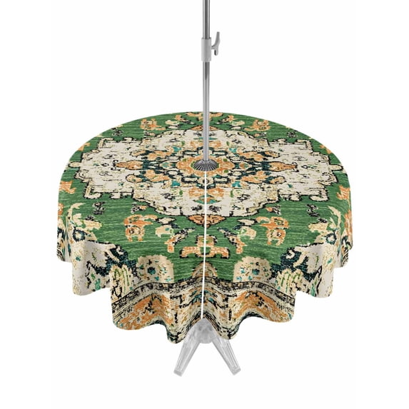 Round Outdoor Tablecloth With Umbrella Hole And Zipper– Green Orange Boho Waterproof Patio Table Cover for Party, Picnic, Backyard, 50" Dia. , Vintage Bohemian Geometric Pattern