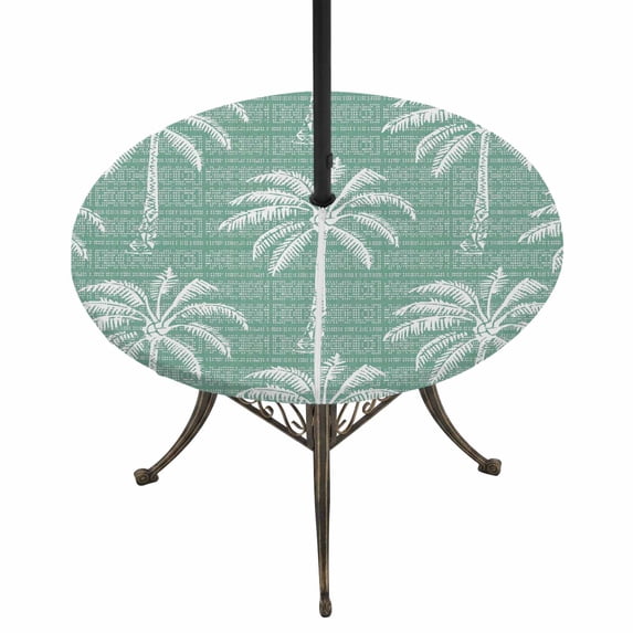 Round Outdoor Tablecloth with Umbrella Hole and Zipper, Green Palm Tree Tablecloth with Elastic Waterproof, Summer Botanical Tropical Tree Patio Table Covers for 45" - 54" Picnic Pool Tables