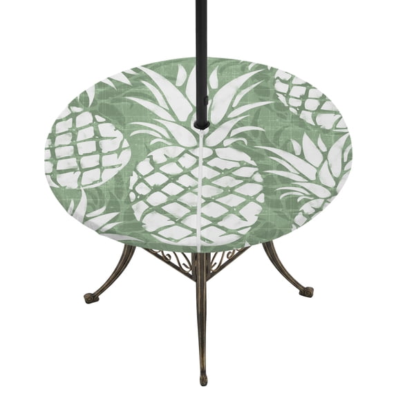 Round Outdoor Tablecloth with Umbrella Hole and Zipper, Green White Pineapple Tablecloth with Elastic Waterproof, Tropical Summer Botanical Fruits Patio Table Covers for 45" - 54" Picnic Pool Tables