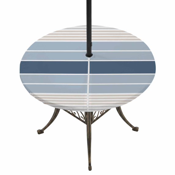 Round Outdoor Tablecloth with Umbrella Hole and Zipper, Grey Blue Stripes Tablecloth with Elastic Waterproof, Country Modern Gradient Lines Art Patio Table Covers for 45" - 54" Picnic Pool Tables