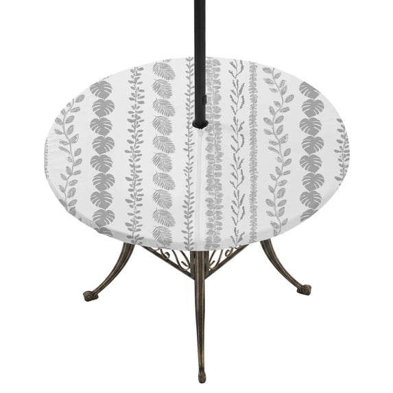 Round Outdoor Tablecloth with Umbrella Hole and Zipper, Grey Botanical Tablecloth with Elastic Waterproof, Summer Botanical Leaf Vertical Stripes Patio Table Covers for 36" - 44" Picnic Pool Tables