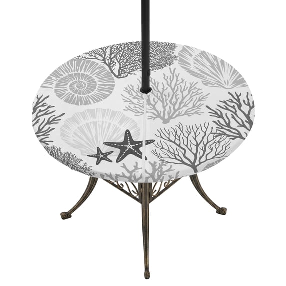 Round Outdoor Tablecloth with Umbrella Hole and Zipper, Grey Coastal Fitted Table Cover with Elastic Edge for 55-60 Inch, Ocean Coral Starfish Shell Modern Sea Waterproof Patio Tablecoths for Picnic