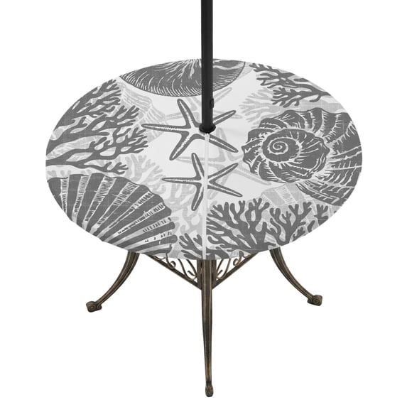 Round Outdoor Tablecloth with Umbrella Hole and Zipper, Grey Coastal Tablecloth with Elastic Waterproof, Beach Starfish Nautical Coral Shell Summer Patio Table Covers for 31" - 35" Pool Tables