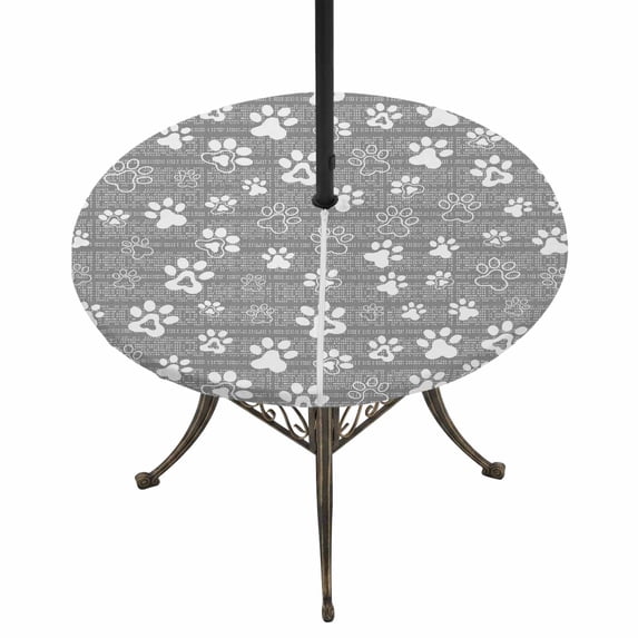 Round Outdoor Tablecloth with Umbrella Hole and Zipper, Grey Dog Paw Tablecloth with Elastic Waterproof, Modern Geometric Abstract Aesthetics Patio Table Covers for 31" - 35" Picnic Pool Tables