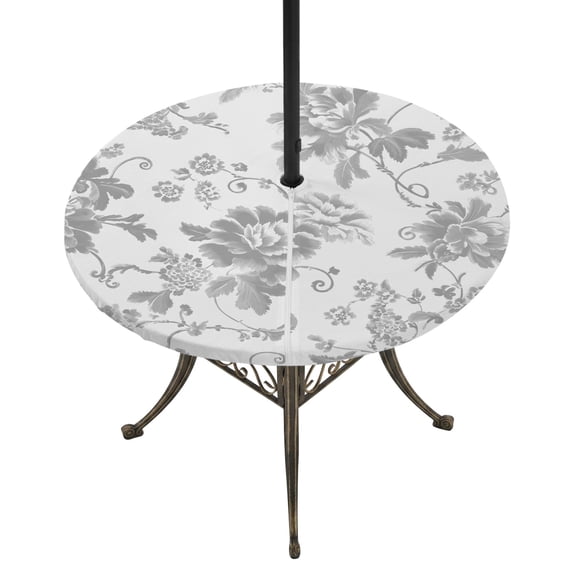Round Outdoor Tablecloth with Umbrella Hole and Zipper, Grey Flowers Tablecloth with Elastic Waterproof, Vintage Pastoral Plants Rustic Leaves Patio Table Covers for 36" - 44" Picnic Pool Tables