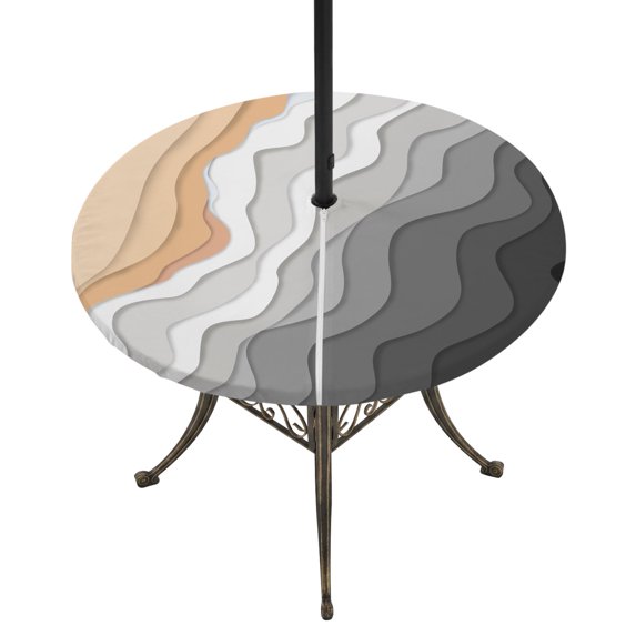 Round Outdoor Tablecloth with Umbrella Hole and Zipper, Grey Geometric Beach Tablecloth with Elastic Waterproof, Ombre Waves Moire Abstract Art Patio Table Covers for 31" - 35" Picnic Pool Tables