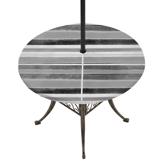 Round Outdoor Tablecloth with Umbrella Hole and Zipper, Grey Nordic Style Stripes Fitted Table Cover with Elastic Edge for 36-44 Inch, Black Gray Texture Waterproof Patio Tablecoths for Picnic