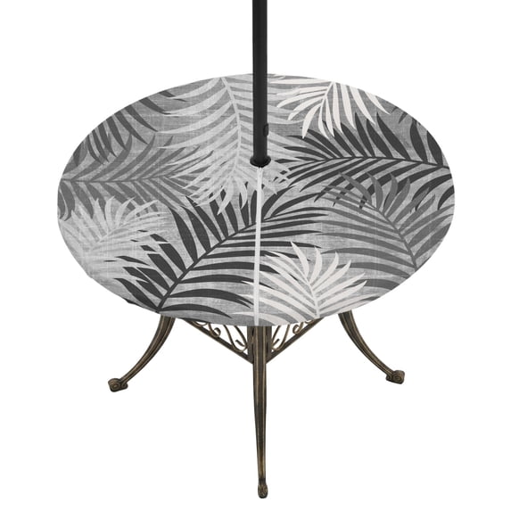 Round Outdoor Tablecloth with Umbrella Hole and Zipper, Grey Palm Leaves Tablecloth with Elastic Waterproof, Summer Botanical Tropical Leaf Patio Table Covers for 55" - 60" Picnic Pool Tables