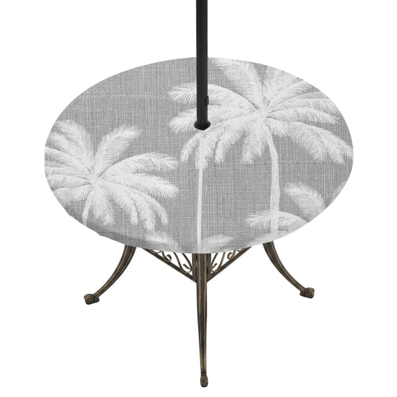 Round Outdoor Tablecloth with Umbrella Hole and Zipper, Grey Palm Trees Tablecloth with Elastic Waterproof, Farmhouse Tropical Summer Beach Patio Table Covers for 45" - 54" Picnic Pool Tables