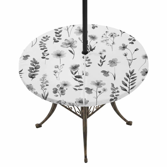 Round Outdoor Tablecloth with Umbrella Hole and Zipper, Grey Spring Floral Tablecloth with Elastic Waterproof, Flowers Botanical Elegant Pastoral Patio Table Covers for 45" - 54" Picnic Pool Tables