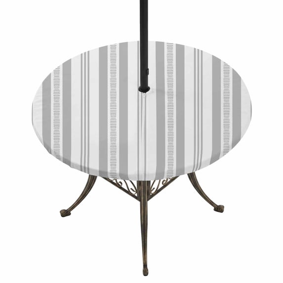 Round Outdoor Tablecloth with Umbrella Hole and Zipper, Grey Striped Tablecloth with Elastic Waterproof, Modern Farmhouse Geometric Thine Stripes Patio Table Covers for 55" - 60" Picnic Pool Tables