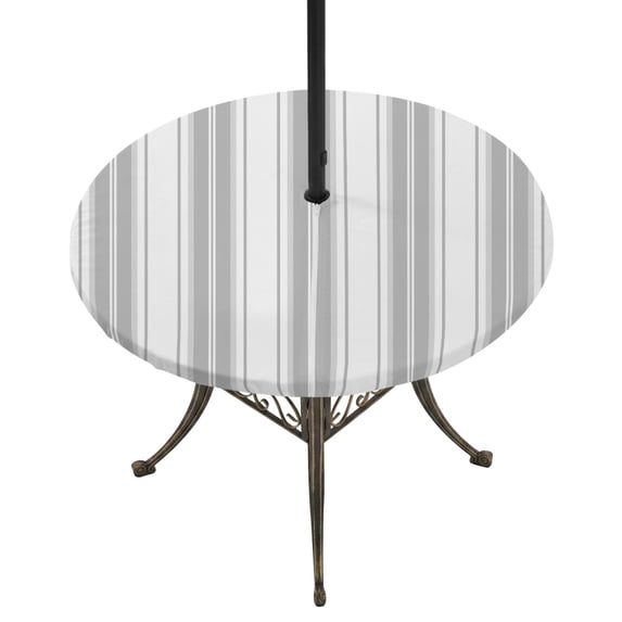 Round Outdoor Tablecloth with Umbrella Hole and Zipper, Grey Striped Tablecloth with Elastic Waterproof, Modern Thin Line Vertical Stripes Patio Table Covers for 55" - 60" Picnic Pool Tables