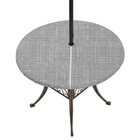 Round Outdoor Tablecloth with Umbrella Hole and Zipper, Grey Tablecloth with Elastic Waterproof, Farmhouse Vintage Gray Solid Color Modern Patio Table Covers for 55" - 60" Picnic Pool Tables