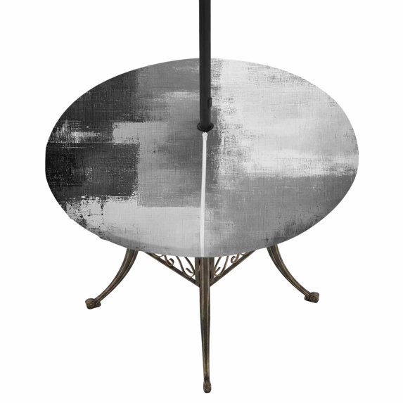 Round Outdoor Tablecloth with Umbrella Hole and Zipper, Grey Tablecloth with Elastic Waterproof, Modern Oil Painted Art Abstract Geometric Patio Table Covers for 31" - 35" Picnic Pool Tables