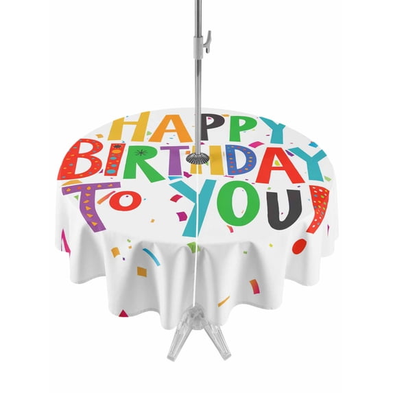 Round Outdoor Tablecloth With Umbrella Hole And Zipper– Happy Birthday Waterproof Patio Table Cover for Party, Picnic, Backyard, 50" Dia. , Color Ribbon Cheers Celebration