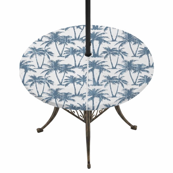 Round Outdoor Tablecloth with Umbrella Hole and Zipper, Haze Blue Palm Tree Tablecloth with Elastic Waterproof, Coastal Trees Summer Tropical Botanical Patio Table Covers for 31" - 35" Pool Tables