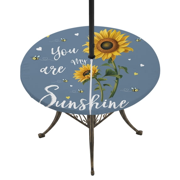 Round Outdoor Tablecloth with Umbrella Hole and Zipper, Haze Blue Sunshine Sunflower Tablecloth with Elastic Waterproof, Pastoral Bees Farmhouse Floral Patio Table Covers for 31" - 35" Pool Tables