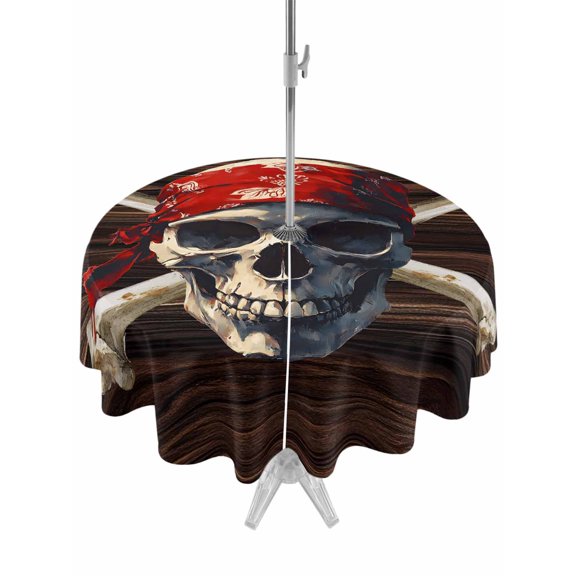 Round Outdoor Tablecloth With Umbrella Hole And Zipper– Horror Vintage Waterproof Patio Table Cover for Party, Picnic, Backyard, 60" Dia. , Skull Wood Texture Head Scarf White Brown