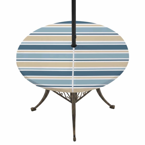 Round Outdoor Tablecloth with Umbrella Hole and Zipper, Khaki Blue Striped Tablecloth with Elastic Waterproof, Farmhouse Stripes Modern Abstract Art Patio Table Covers for 36" - 44" Pool Tables