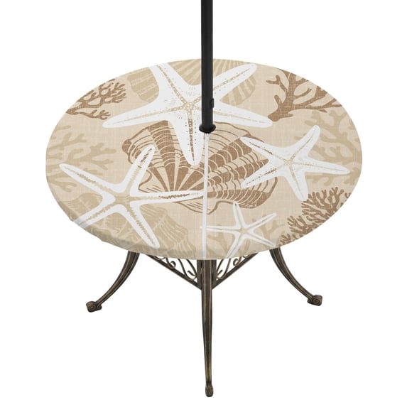 Round Outdoor Tablecloth with Umbrella Hole and Zipper, Khaki Starfish Tablecloth with Elastic Waterproof, Coral Shell Ocean Vintage Coastal Patio Table Covers for 55" - 60" Picnic Pool Tables