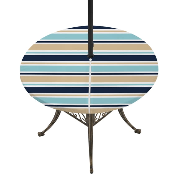 Round Outdoor Tablecloth with Umbrella Hole and Zipper, Khaki Striped Tablecloth with Elastic Waterproof, Navy Blue Farmhouse Stripes Modern Abstract Art Patio Table Covers for 55" - 60" Pool Tables