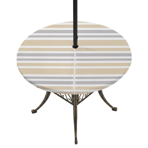 Round Outdoor Tablecloth with Umbrella Hole and Zipper, Khaki Stripes Tablecloth with Elastic Waterproof, Modern Minimalist Horizontal Ombre Lines Patio Table Covers for 36" - 44" Picnic Pool Tables