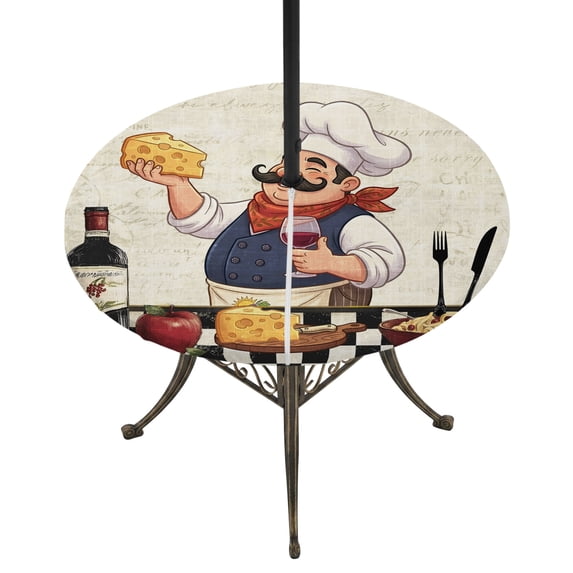 Round Outdoor Tablecloth with Umbrella Hole and Zipper, Kitchen Chef Tablecloth with Elastic Waterproof, Vintage Rustic Cheese Wine Coking Checked Patio Table Covers for 36" - 44" Picnic Pool Tables