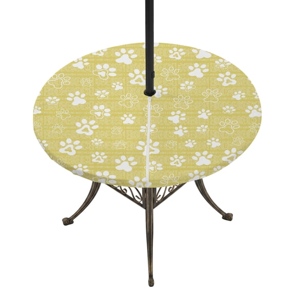 Round Outdoor Tablecloth with Umbrella Hole and Zipper, Lemon Yellow Dog Paw Tablecloth with Elastic Waterproof, Modern Geometric Abstract Aesthetics Patio Table Covers for 36" - 44" Pool Tables
