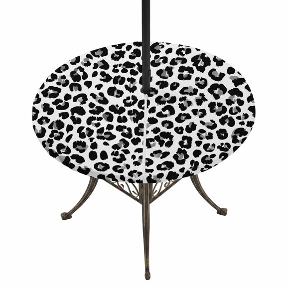 Round Outdoor Tablecloth with Umbrella Hole and Zipper, Leopard Print Tablecloth with Elastic Waterproof, Abstract Animals Textured Black White Patio Table Covers for 36" - 44" Picnic Pool Tables