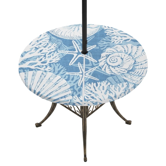 Round Outdoor Tablecloth with Umbrella Hole and Zipper, Light Blue Starfish Coastal Tablecloth with Elastic Waterproof, Summer Coral Shell Beach Nautical Patio Table Covers for 36" - 44" Pool Tables