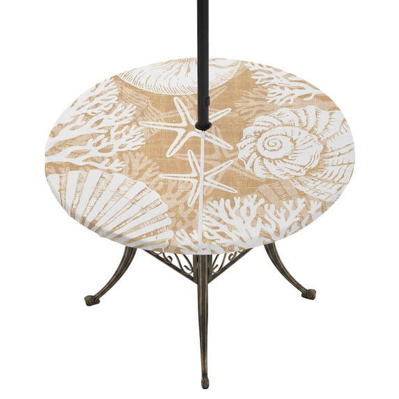 Round Outdoor Tablecloth with Umbrella Hole and Zipper, Light Brown Starfish Coastal Tablecloth with Elastic Waterproof, Summer Coral Shell Beach Nautical Patio Table Covers for 31" - 35" Tables