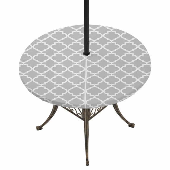 Round Outdoor Tablecloth with Umbrella Hole and Zipper, Light Gray Tablecloth with Elastic Waterproof, Minimalist Boho Abstract Ethnic Motifs Patio Table Covers for 31" - 35" Picnic Pool Tables