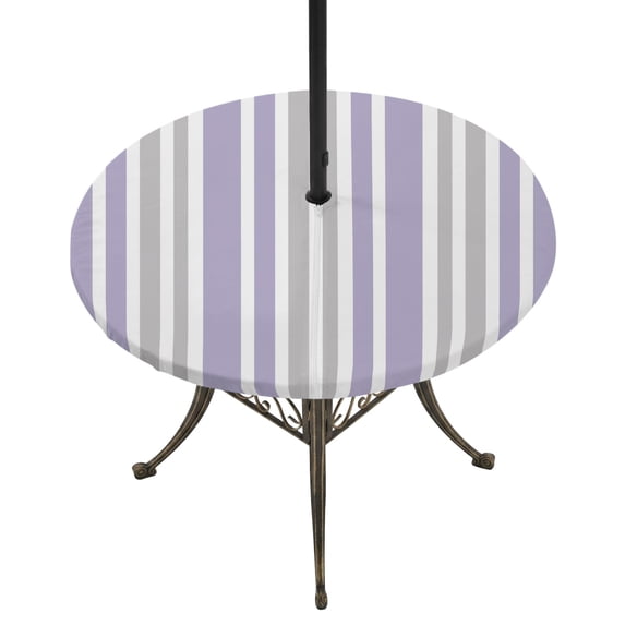 Round Outdoor Tablecloth with Umbrella Hole and Zipper, Light Purple Grey Stripe Tablecloth with Elastic Waterproof, Farmhouse Minimalist Striped Patio Table Covers for 55" - 60" Picnic Pool Tables
