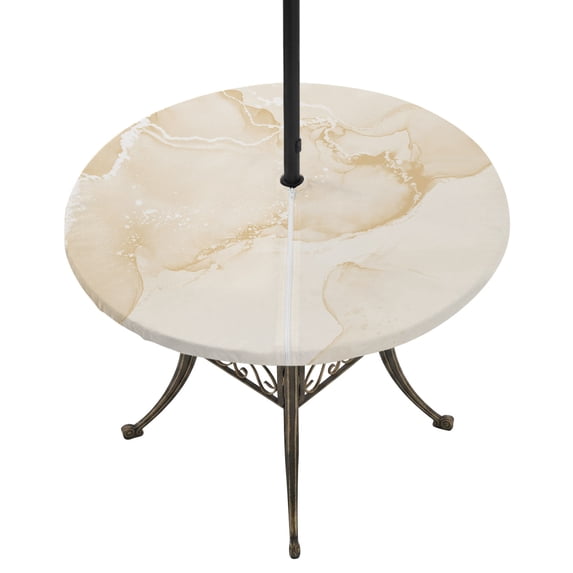 Round Outdoor Tablecloth with Umbrella Hole and Zipper, Marble Beige Fitted Table Cover with Elastic Edge for 55-60 Inch, Modern Abstract Ink Painting Luxury Waterproof Patio Tablecoths for Picnic