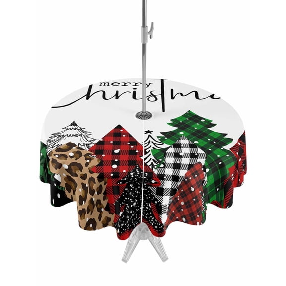 Round Outdoor Tablecloth With Umbrella Hole And Zipper– Merry Christmas Waterproof Patio Table Cover for Party, Picnic, Backyard, 60" Dia. , Buffalo Plaid Xmas Tree Winter Red Green