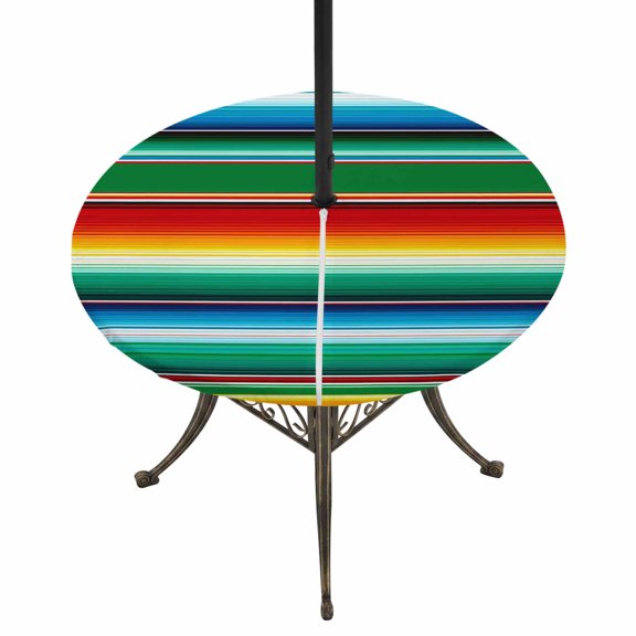 Round Outdoor Tablecloth with Umbrella Hole and Zipper, Mexican Stripes Tablecloth with Elastic Waterproof, Colorful Striped Mexican Fiesta Theme Patio Table Covers for 31" - 35" Picnic Pool Tables