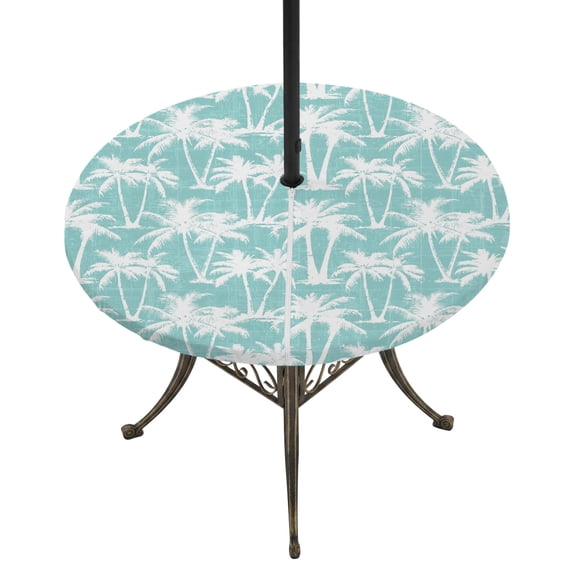 Round Outdoor Tablecloth with Umbrella Hole and Zipper, Mint Palm Tree Summer Tablecloth with Elastic Waterproof, Beach Tropical Botanical Coastal Patio Table Covers for 45" - 54" Picnic Pool Tables
