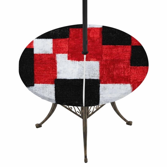 Round Outdoor Tablecloth with Umbrella Hole and Zipper, Modern Patchwork Texture Tablecloth with Elastic Waterproof, Abstract Blocks Geometric Red Black Patio Table Covers for 55" - 60" Pool Tables